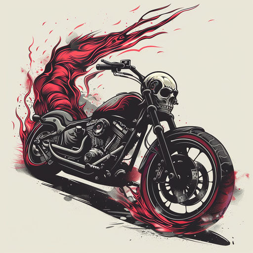 Classic motorcycle tattoo design with flames and skull in black and red