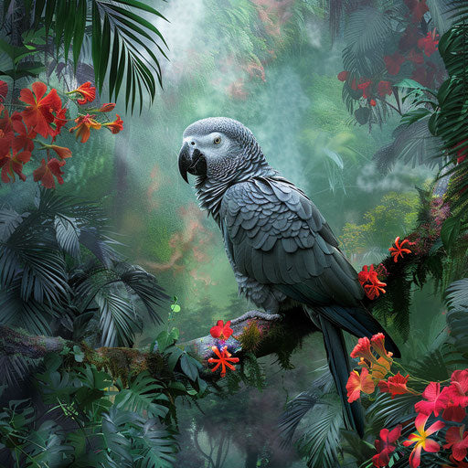 Curious African grey parrot on lush branch in Amazon rainforest