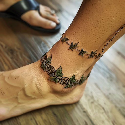 Flat tattoo sketch of a nature-inspired ankle bracelet with green leaves and earth tones