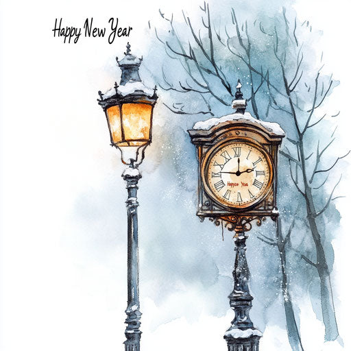 Watercolor clock on street lamp, winter, Christmas theme