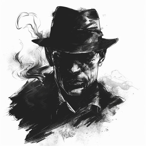 Eerie flat tattoo sketch of a ghostly Russian mafia figure, muted blacks and whites, clipart style