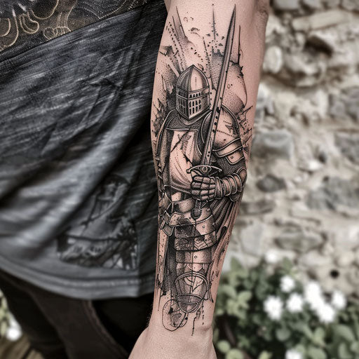 Forearm tattoo with detailed knight, Adrian Smith style