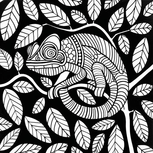Chameleon and leafy background. Coloring book page