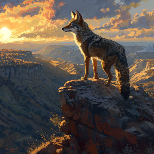 The lone coyote overlooking a golden valley at sunset
