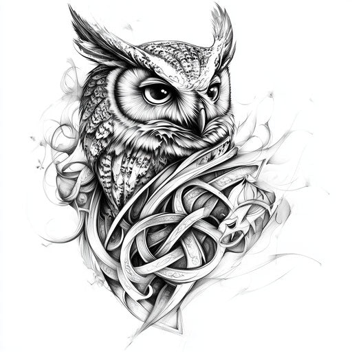 Owl neck tattoo with Celtic knot in grayscale