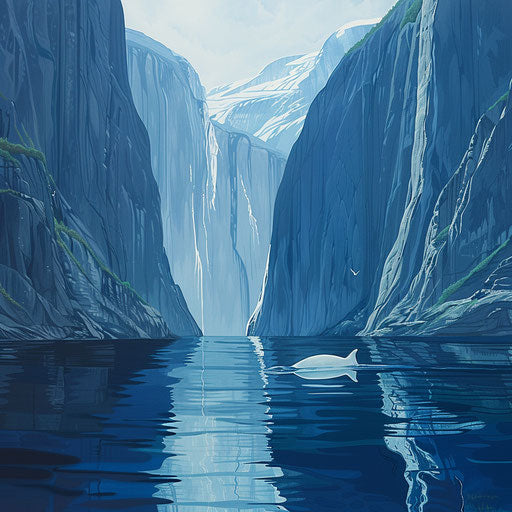 Solitary beluga whale in a serene fjord
