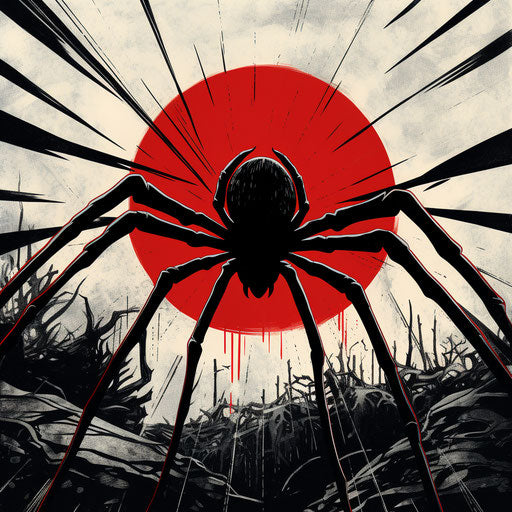 Black widow spider in the style of Don Blanding