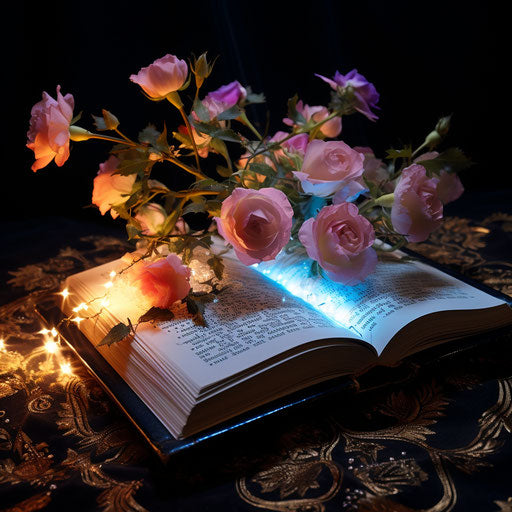 Arabic Quran written in blue with flowers, y2k style
