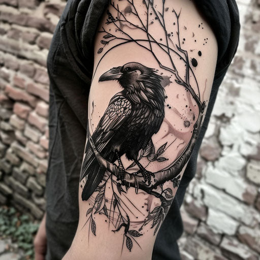 Gothic raven tattoo on the bicep