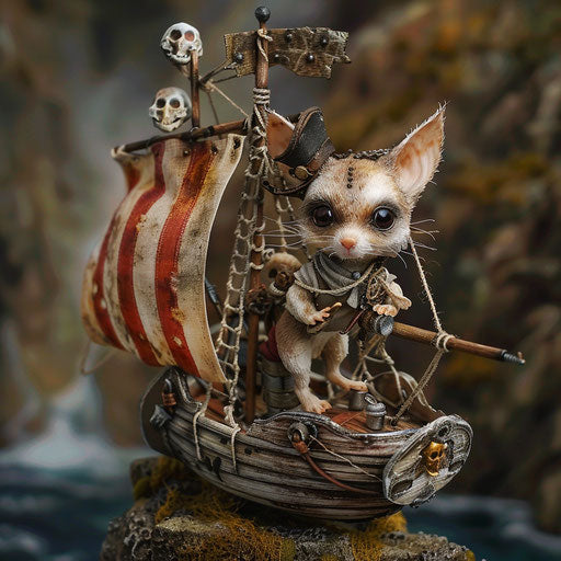 A sugar glider pirate sailing the high seas on a miniature ship.