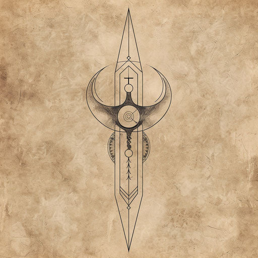 Historical flat tattoo sketch of a rune with elements from ancient Egyptian hieroglyphs in sandy beige