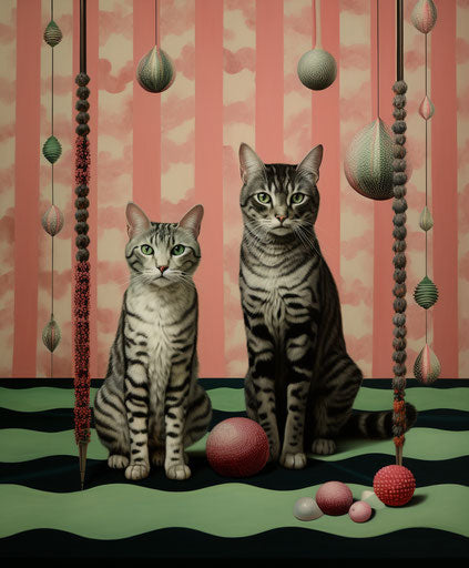 Two cats walk on a rug next to a patterned rug, animal print, mottled, masculine