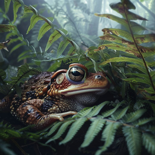 A Western leopard toad peeking out from under a lush green fern in a misty rainforest
