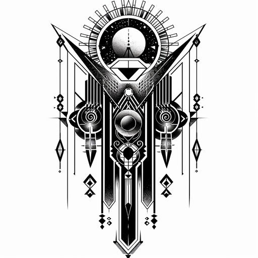 Flat tattoo sketch for dark arts with geometric patterns