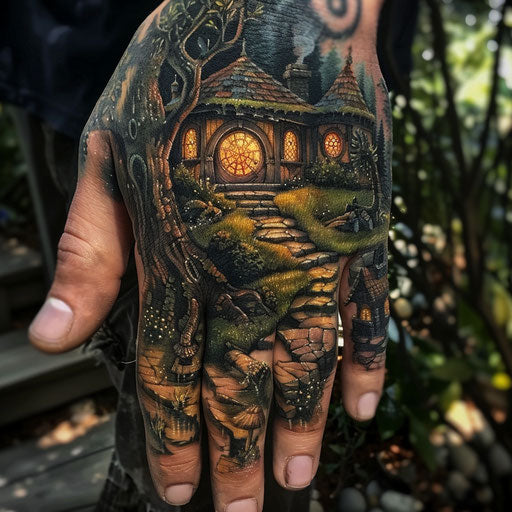 Hand tattoo of a hobbit house