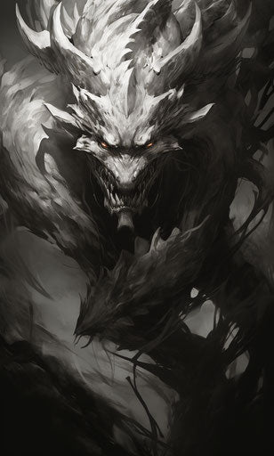 Black and white monster drawing, shilin huang style