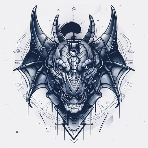 Futuristic gargoyle tattoo sketch with metallic tones