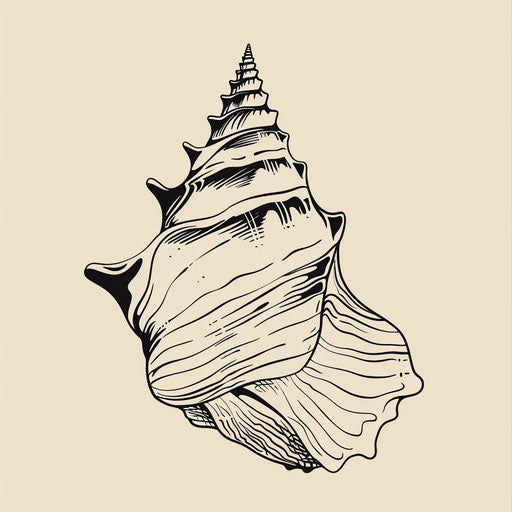 Minimalist sketch of a conch shell in elegant black, flat clipart style