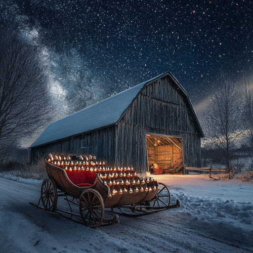 Vintage sleigh with jingle bells, in front of old barn under starry winter sky