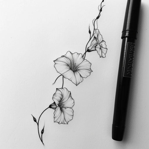 Minimalist black and white tattoo sketch with delicate morning glory vines