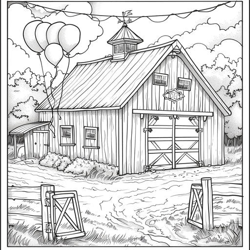 Whimsical barn with balloons for farmyard party