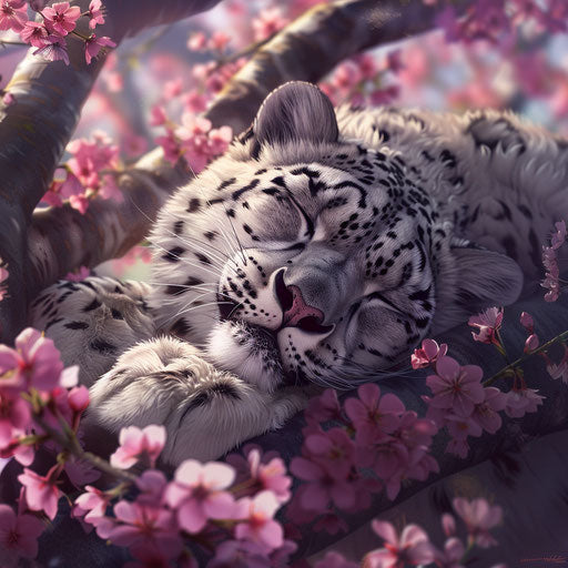 Snow leopard sleeping in a cherry blossom garden