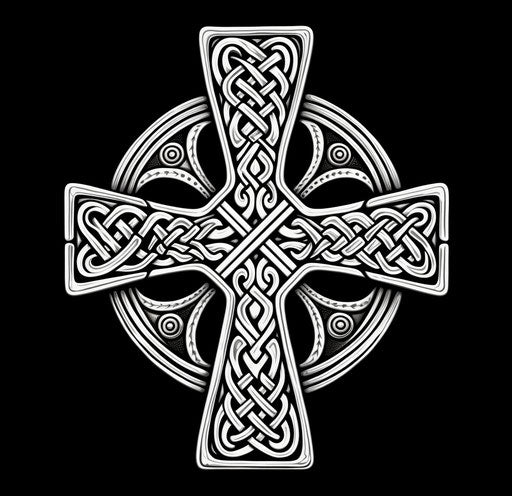 Celtic cross with knotted designs on black, black and white ink drawings
