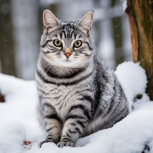 An American shorthair cat in the snow