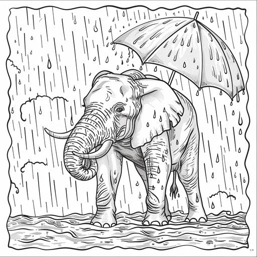 An elephant under the rain with an umbrella