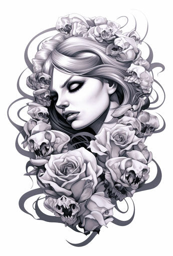 Woman with roses and snake in monochrome abstraction