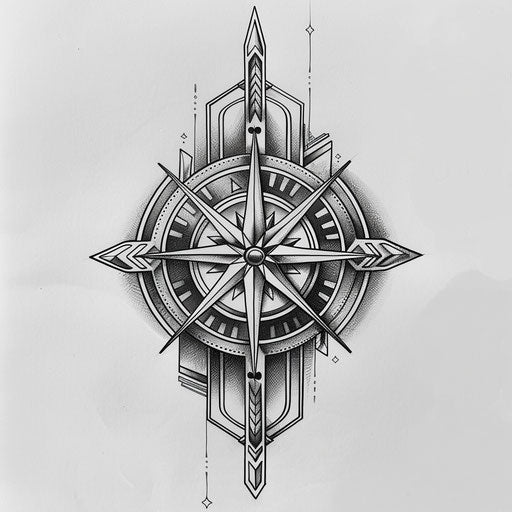 Art Deco tattoo sketch of a compass rose with metallic accents