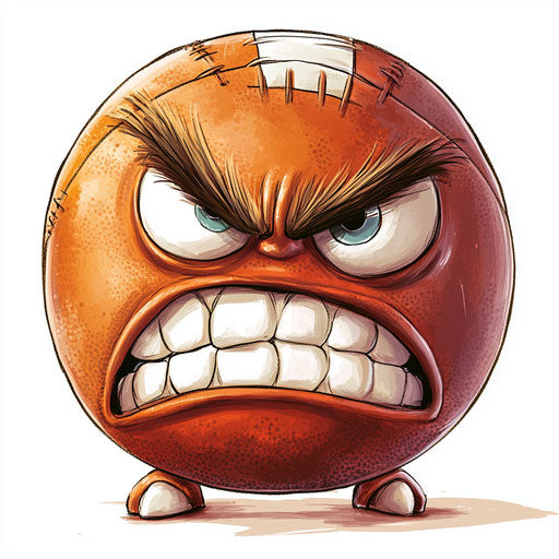 Humorous caricature of a rugby ball with human characteristics