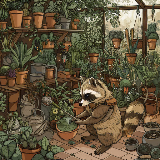 A raccoon gardener tending to a magical garden filled with exotic plants