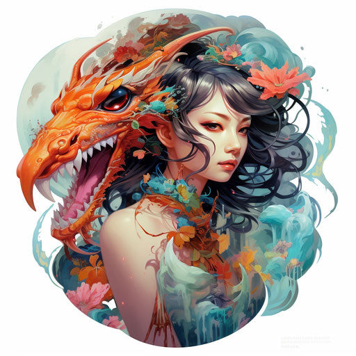Oriental dragon and lotus, vibrant hues master style