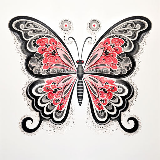 Black and white butterfly tattoo, whimsical illustration