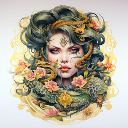 Dragon tattoo drawing the snake with flower