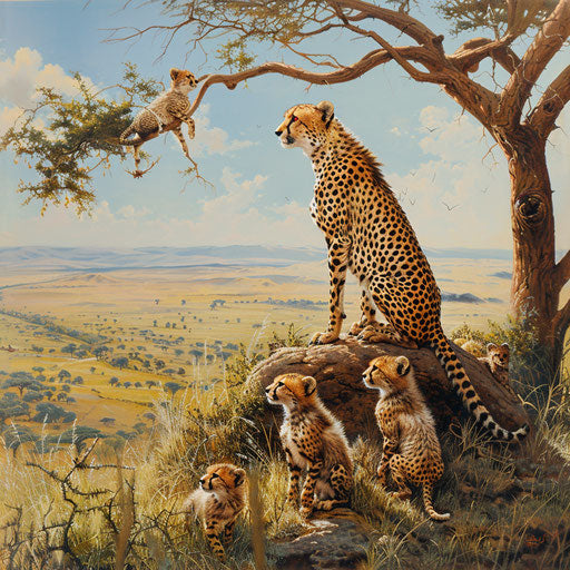 A cheetah mother teaches her cubs to hunt in the savannah hills