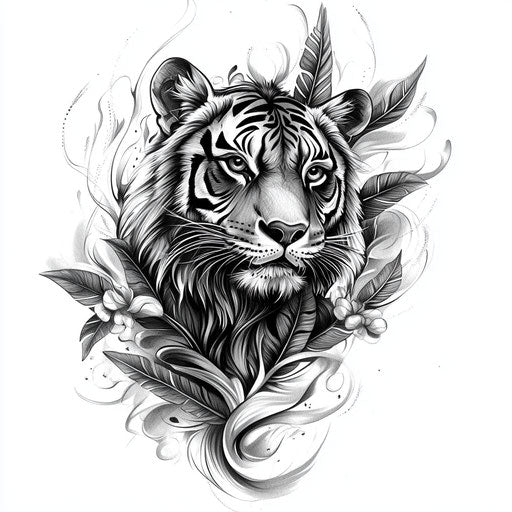Tiger tattoo sketch on hand with feathers and smoke