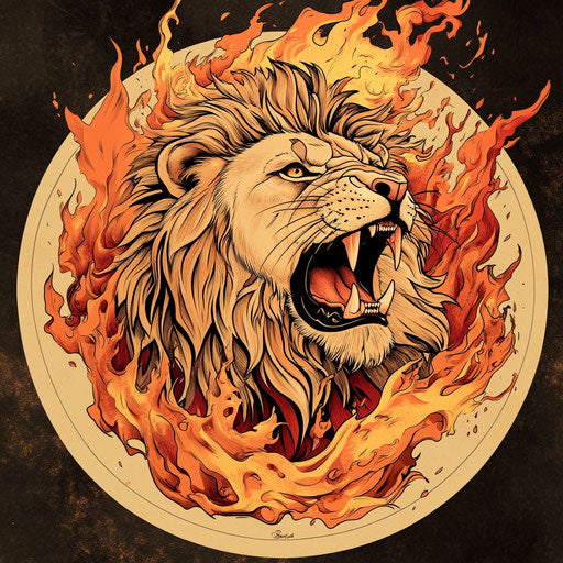 Sketch of roaring lion surrounded by flames for tattoo