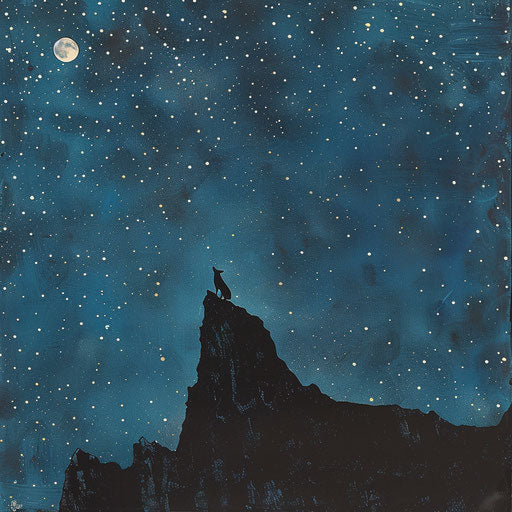 Howling coyote under moon on starry mountain