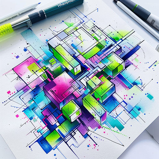 Futuristic geometric tattoo design with 3D cubes and neon colors