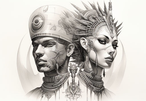 Egyptian man and woman tattoo, light white and light gray style