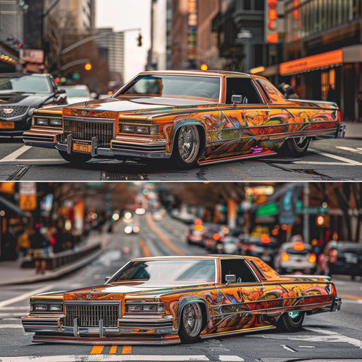 Luxurious lowrider Cadillac bouncing on vibrant urban street