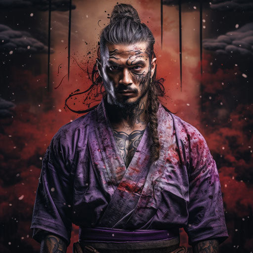 Japanese samurai tattoo art, expressive facial animation style