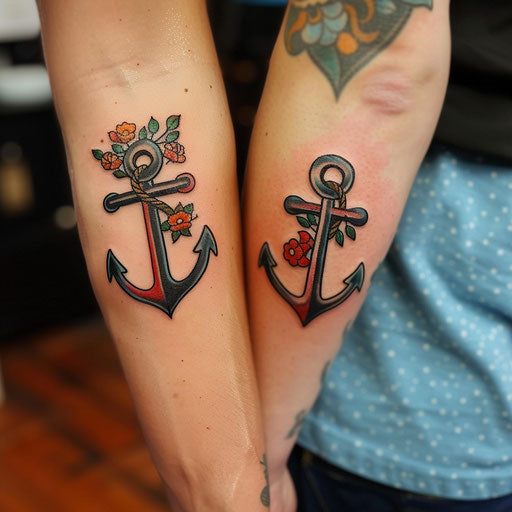 Friendship tattoos in the style of Sailor Jerry featuring a shared anchor design