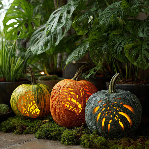 Carved pumpkins in a natural setting