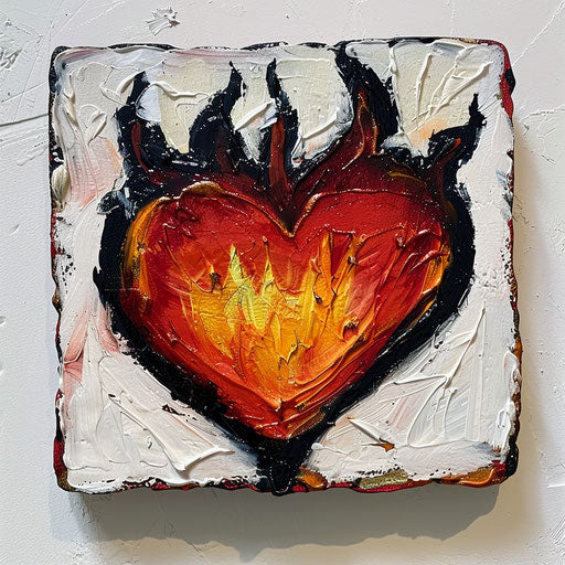 Flaming heart on white background, lighthearted style
