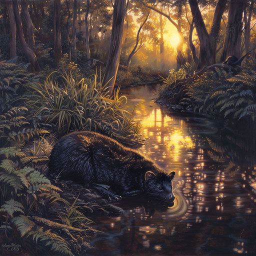 Tasmanian devil lounging by a tranquil forest stream