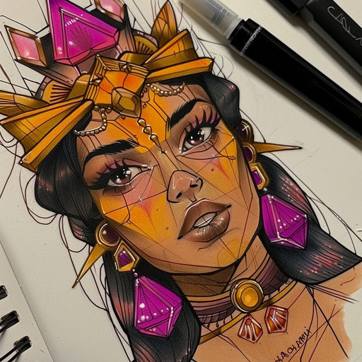 Neo-traditional tattoo sketch of Aphrodite with bold outlines and saturated jewel tones