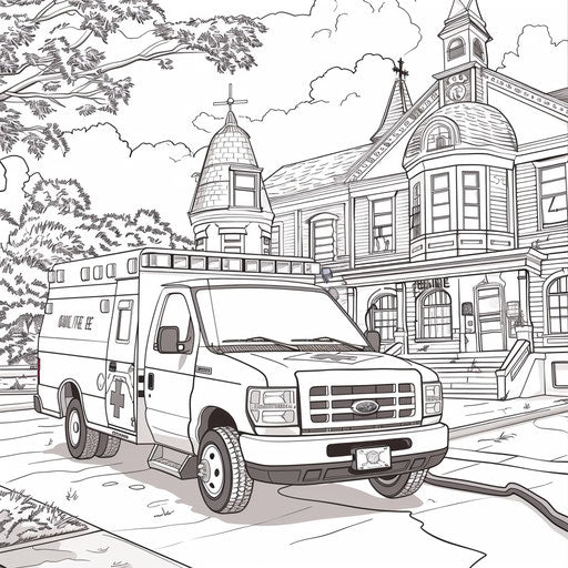 Ambulance in front of school, children learning first aid